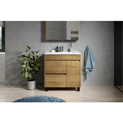 Badezimmer Badmöbel-Set Salzburg 80cm Eiche - Unterschrank Schrank Waschbecken Waschtisch