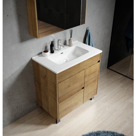 Badezimmer Badmöbel-Set Salzburg 80cm Eiche - Unterschrank Schrank Waschbecken Waschtisch