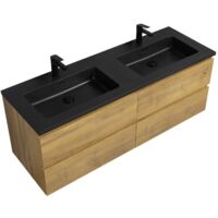 Badezimmer Badmöbel Set Angela 140 cm - Schwarzes Waschbecken - Eiche