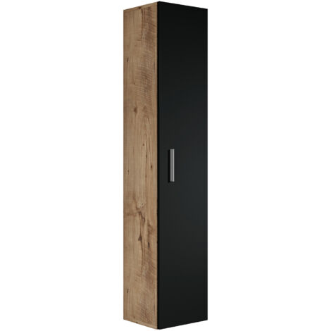 Badplaats – Colonne de salle de bain suspendue 30 x 30 x 150 cm – Chêne châtaignier avec noir – 5 compartiments – Équerres de fixation incluses