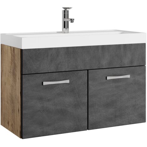Badplaats – Meuble de salle de bain 80 cm – Lavabo en marbre artificiel – 2 portes – Panneaux de particules – Chêne avec gris