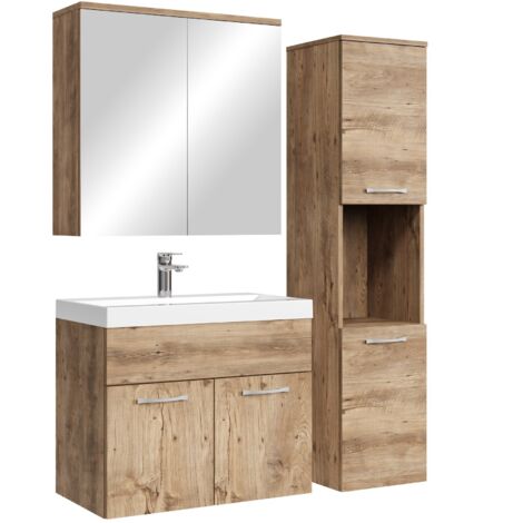 Badplaats – Ensemble de meubles de salle de bain 60 cm – Lavabo en marbre artificiel – Meuble haut avec 2 portes – Chêne et blanc brillant