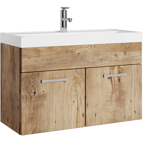 Badplaats – Meuble de salle de bain 80 cm avec lavabo en marbre artificiel – 2 portes – Panneaux de particules – Montage facile avec accessoires