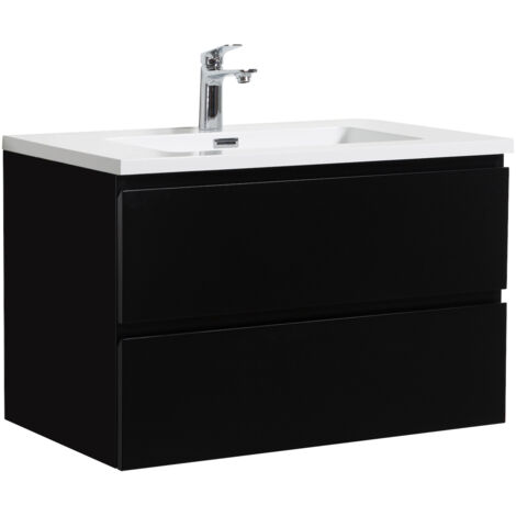 Badplaats – Meuble double vasque 80 cm noir mat – Lavabo en marbre artificiel – 2 tiroirs avec fermeture douce – Meuble MDF assemblé