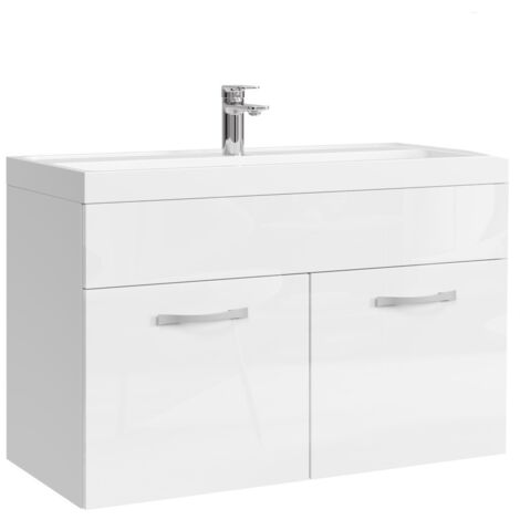 Badplaats – Meuble lave-mains 80 cm – Lavabo en marbre artificiel – 2 portes – Panneaux de particules – Montage facile avec accessoires inclus