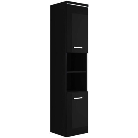 Badplaats – Colonne de salle de bain 160 cm – Panneau de particules noir brillant – Compartiment ouvert flexible – Montage mural inclus