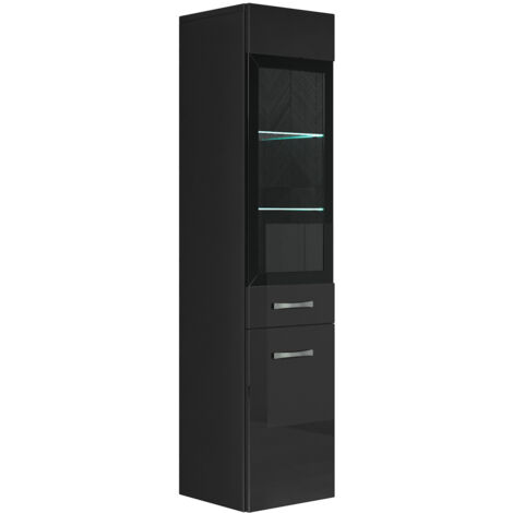 Badplaats – Colonne de salle de bain 131 cm – Panneau de particules noir brillant – Portes réversibles – Installation facile avec accessoires inclus