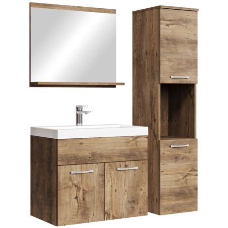 Badplaats – Ensemble de meubles de salle de bain 60 cm – Lavabo en marbre artificiel – Meuble haut avec compartiment – Chêne marron