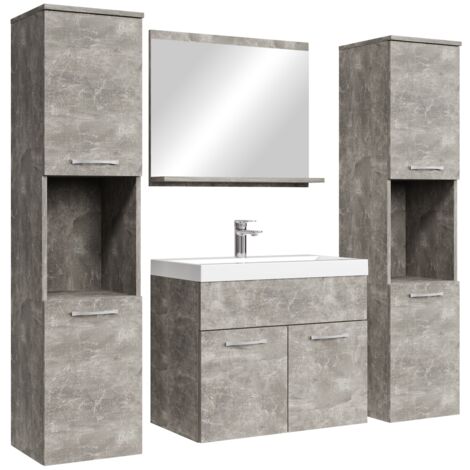Badplaats – Ensemble de meubles de salle de bain 5 pièces – Lavabo marbre artificiel 600x350mm – Meuble haut avec étagère – Couleur béton