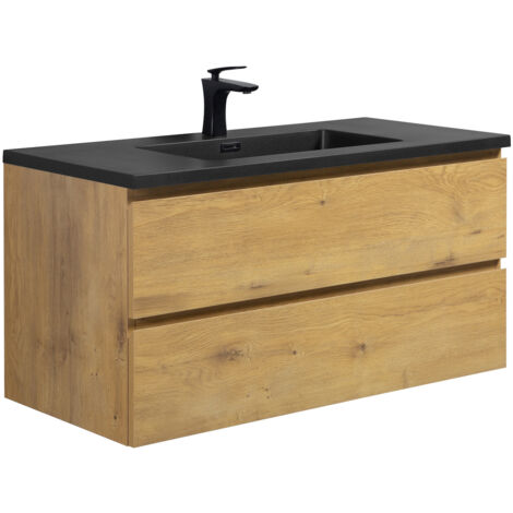 Badplaats – Meuble double vasque 100 cm – Lavabo en marbre noir – 2 tiroirs avec fermeture douce – Meuble en MDF chêne – Installation facile (1/5)