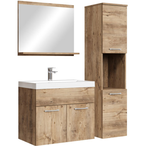 Badplaats – Ensemble de meubles de salle de bain 4 pièces – Lavabo marbre artificiel 600mm – Meuble haut 1315mm – Chêne gris