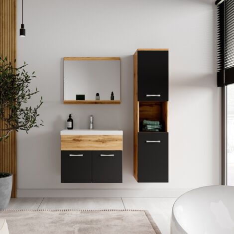 Ensemble meuble de salle de bain Montreal - Badplaats - 60 cm Chene / noir - Armoire