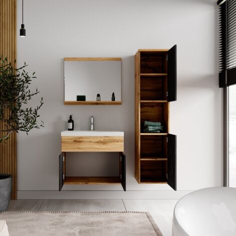 Ensemble meuble de salle de bain Montreal - Badplaats - 60 cm Chene / noir - Armoire