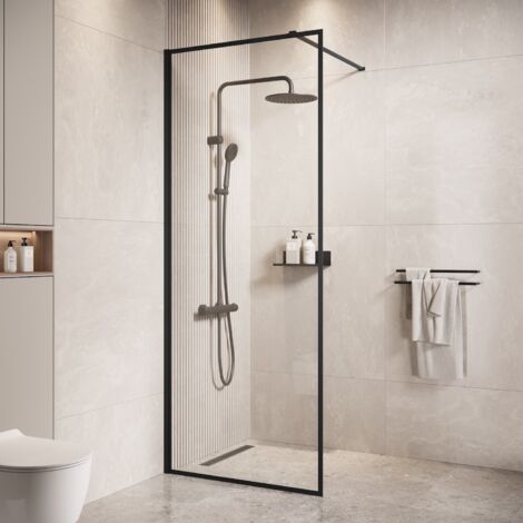 Badplaats – Paroi de douche fixe 60 x 200 cm – Verre de sécurité 8 mm avec traitement anticalcaire – Profilé aluminium noir – Barre de stabilisation incluse