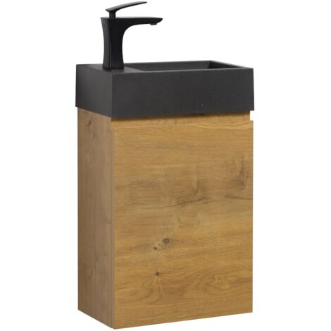 Badplaats – Meuble double vasque 40 x 22 cm en MDF chêne avec lavabo en marbre artificiel noir – Système de fermeture soft-close