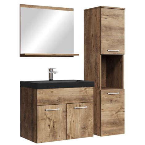Badplaats – Ensemble de meubles de salle de bain 4 pièces – Lavabo en marbre artificiel – Meuble haut avec portes – Miroir avec étagère – Chêne gris