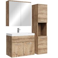Badplaats – Ensemble de meubles de salle de bain 60 cm – Lavabo en marbre artificiel – Meuble haut avec 2 portes – Chêne et blanc brillant