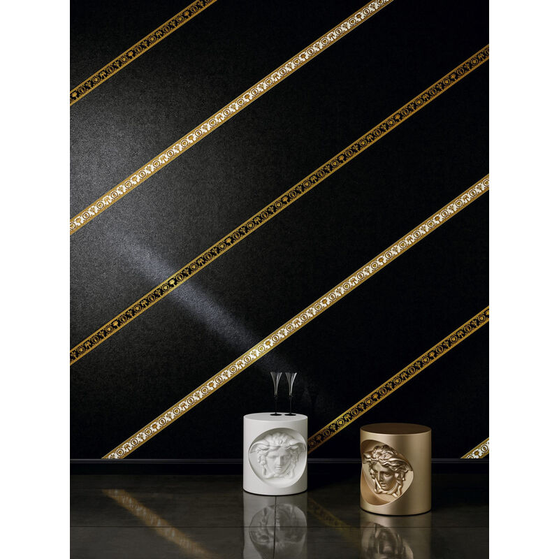 Tapeten Bordüre in Schwarz und Gold | Neobarock Tapete mit Medusa |  Ausgefallene Tapetenborte aus Vlies für Schlafzimmer und Küche
