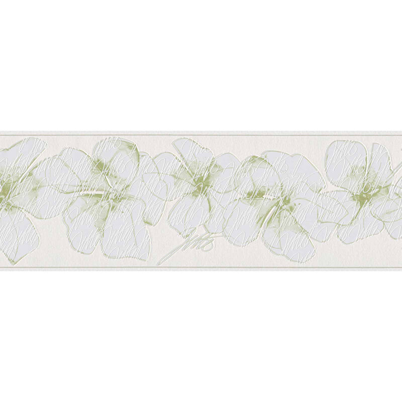 Florale Tapeten Bordüre in Weiß und Grün, Moderne Tapetenbordüre mit  Blumen