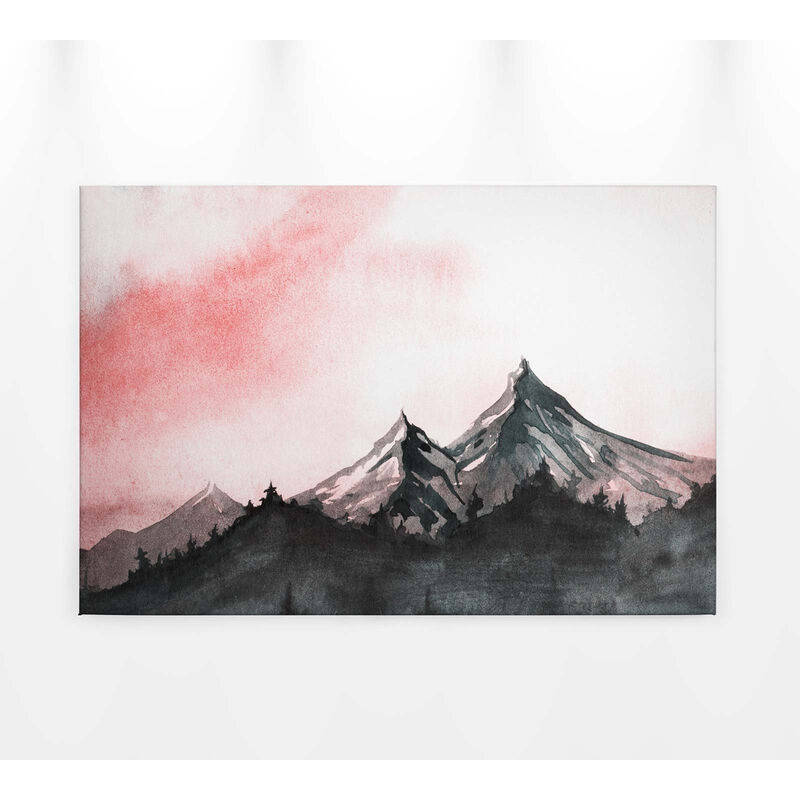 Aquarell Bild mit Berglandschaft | Alpen Leinwandbild auf Keilrahmen für  Schlafzimmer | Berg Wandbild auf Canvas in Rot und Grau - 0,9 x 0,6 m