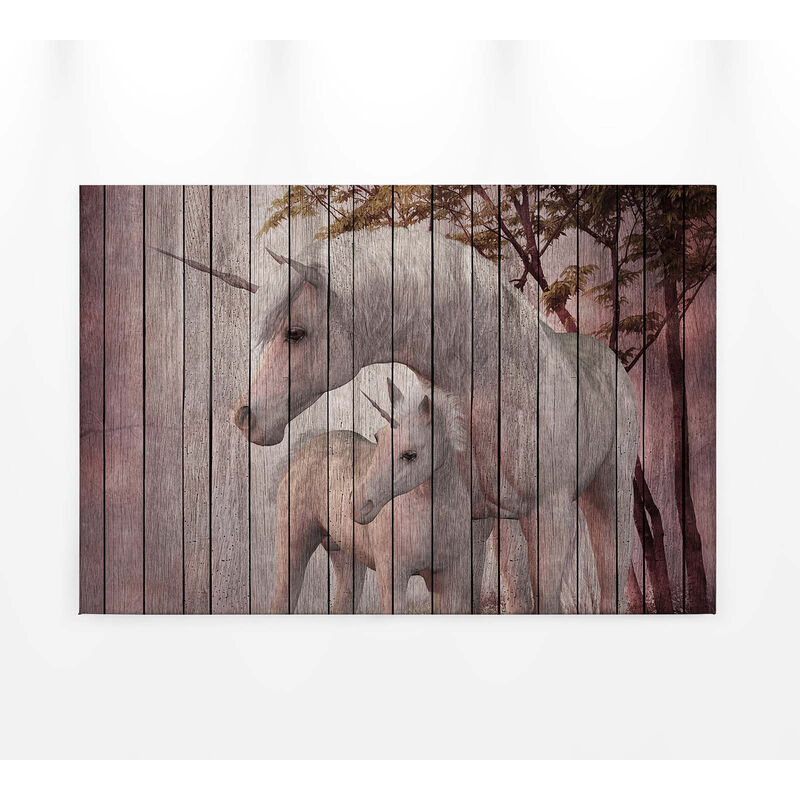 Einhorn Leinwandbild für Kinderzimmer und Schlafzimmer | Einhorn Wandbild  in Holz Optik | Canvas Keilrahmenbild im Querformat - 0,9 x 0,6 m | Poster