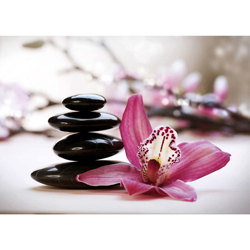 Bild mit Orchidee und Steinen | Asiatisches Leinwand Bild mit Wellness  Design | Schlafzimmer und Badezimmer Wandbild in Pink und Schwarz - 0,7 x  0,5 m