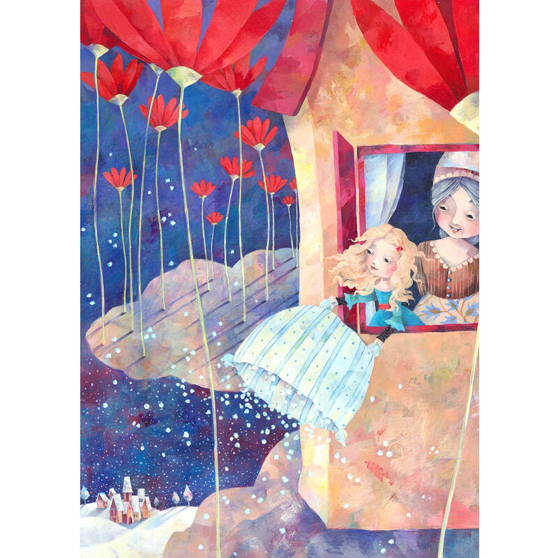 Bild mit Frau Holle Motiv | Märchen Leinwand Bild für Kinderzimmer | Kunst  Wandbild in Blau und Rot ideal für Mädchenzimmer - 0,5 x 0,7 m