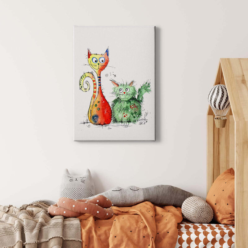 Kunst Bild mit Katzen abstrakt | Buntes Leinwandbild mit Tier Motiv ideal  für Flur und Küche | Modernes Katzenbild als Wand Deko - 0,5 x 0,7 m