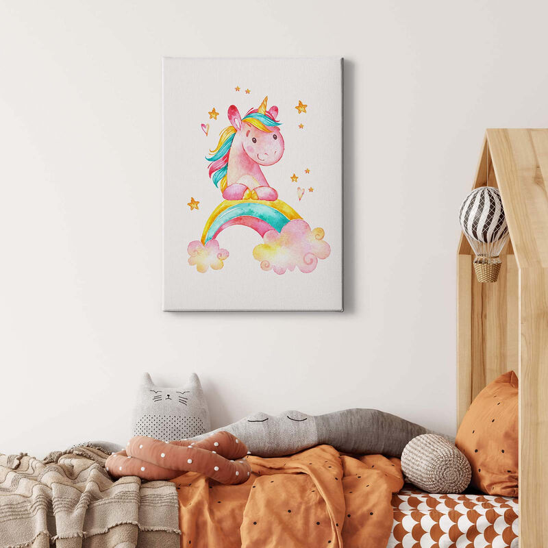 Buntes Einhorn Bild | m und x Sternen Wasserfarben Leinwandbild Kinderzimmer - 0,7 mit Babyzimmer Regenbogen Optik Mädchenzimmer Wandbild 0,5 | in und Aquarell