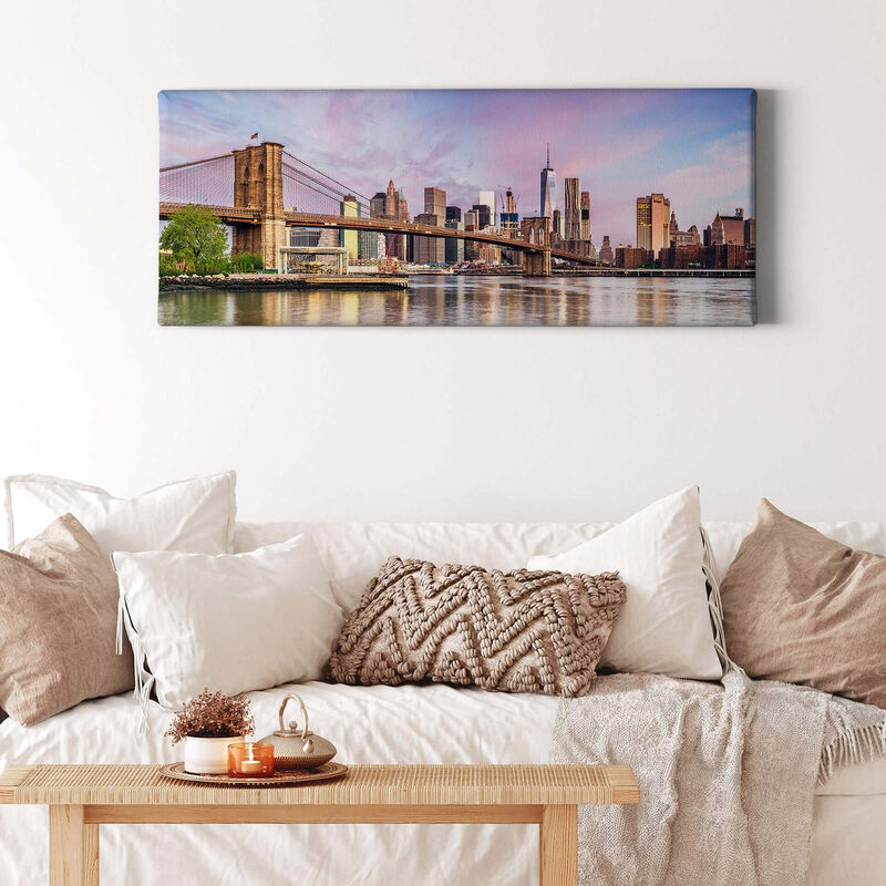 Manhattan Bild mit Brücke | Brooklyn Bridge Leinwand Bild ideal für  Wohnzimmer und Schlafzimmer | Modernes Wandbild mit Stadt Motiv - 1,0 x 0,4  m