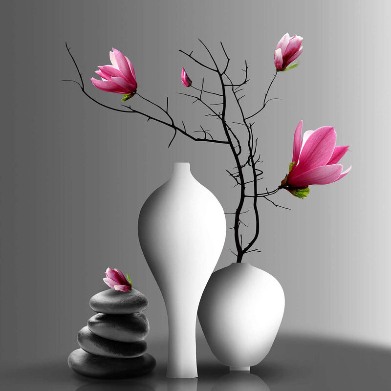 Blumen Bild mit Magnolie | Blume in Vase Leinwandbild im Wellness Stil |  Modernes Wandbild in Grau und Pink mit Steinen für Badezimmer und Flur -  0,5 x 0,5 m