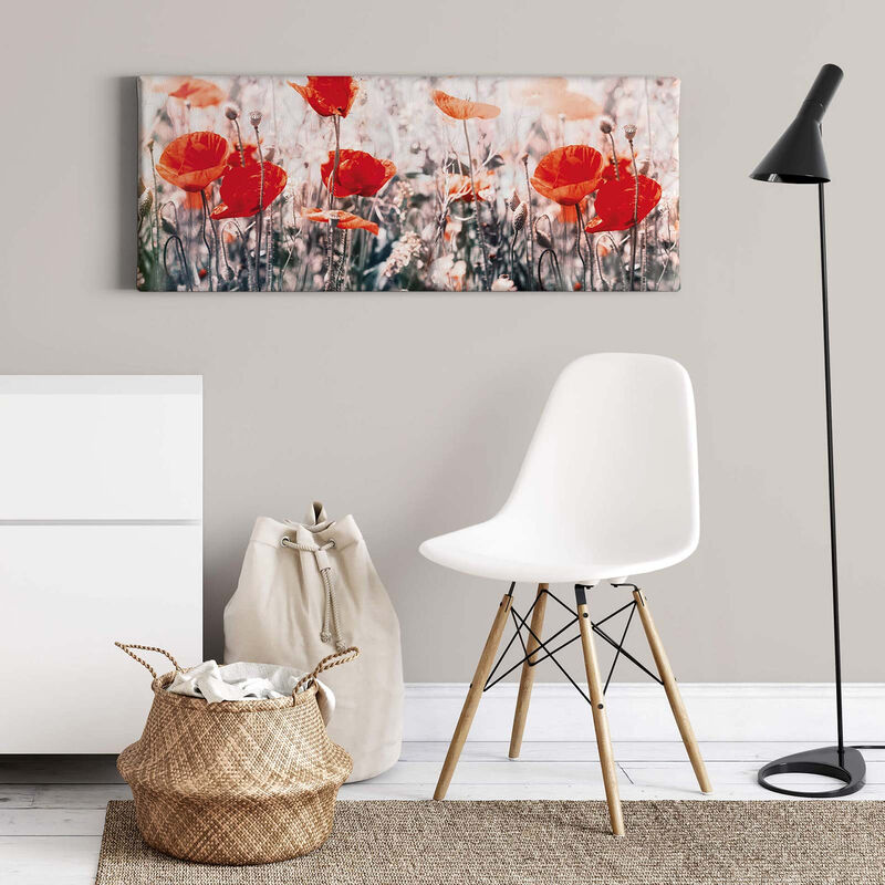 Leinwandbild mit Mohnblumen | Rotes Wandbild mit Blumenwiese ideal für  Wohnzimmer und Schlafzimmer | Sommer Leinwand Bild mit Blumen - 1,0 x 0,4 m