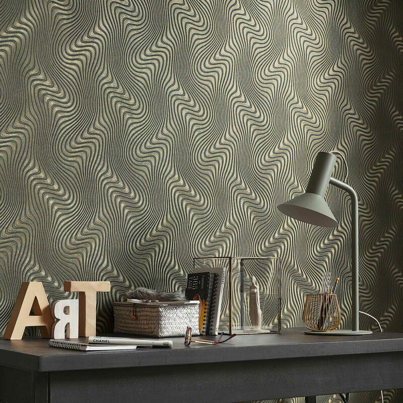 3D Tapete in Grau Wohnzimmer Linien Mustertapete Geschwungene Vliestapete und Vlies elegant | mit für Effekt | Edle Gold Arbeitszimmer Metallic
