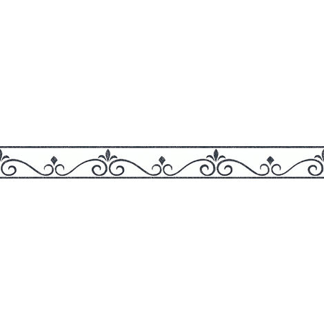Tapete französische Lilie | Ornament Tapetenbordüre in Schwarz Weiß | Selbstklebende Bordüre aus Vlies und Vinyl ideal für Küche und Badezimmer - Schwarz / Anthrazit, Weiß