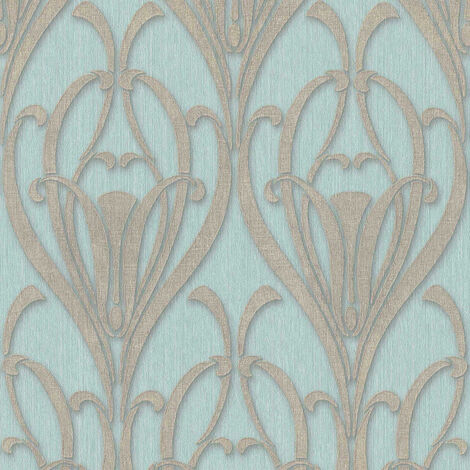 Ornament Tapete hellblau 20er Jahre Vliestapete elegant ideal für  Schlafzimmer und Esszimmer Vlies Mustertapete mit 1920er Design aus Vinyl