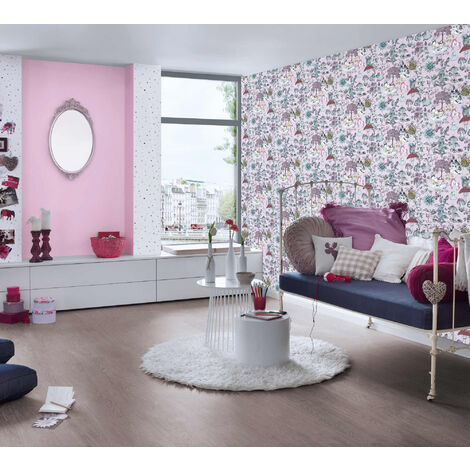 Mädchenzimmer Tapete mit Waldtieren Märchen Vliestapete mit Hasen und  Vögeln gezeichnet Rosa Wald Kinderzimmer Tapete ideal