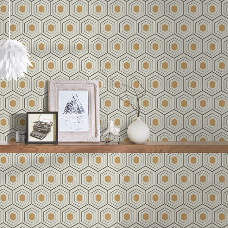 Wohnzimmer in Gold Weiß mit Wandtapete Retro für Vlies Küche Tapete Vliestapete Wabenmuster und 70er Hexagon