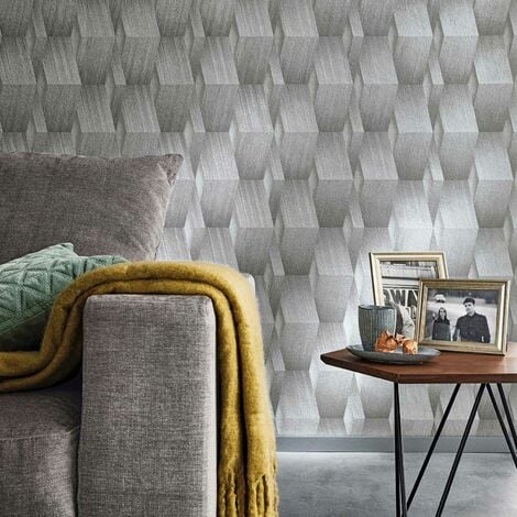 Vliestapete Design mit Geometrie Metallic für geometrisch Tapete grau Moderne 3D | Wandtapete Wohnzimmer silber |