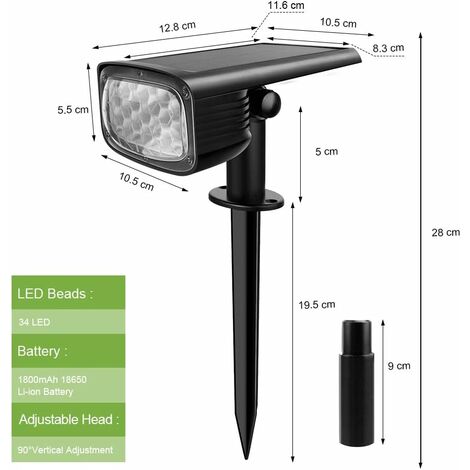 Spot Solaire Extérieur, Projecteur Solaire 2-en-1 Installation 3 Modes pour Chemin Patio Allée ,  2 PACK  34 LEDs Lampe Solaire Extérieure Jardin Etanche,