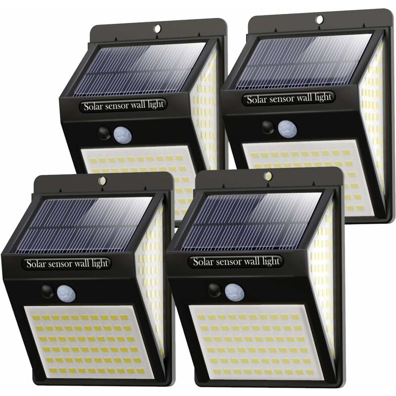 Luz Solar Exterior 228 LED【4 Pack / 3 Modos】con Sensor de Movimiento, Luces LED Solares Exteriores 270º lluminación Focos Solares Exterior Impermeable Aplique Lampara Solar para Exterior Jardin