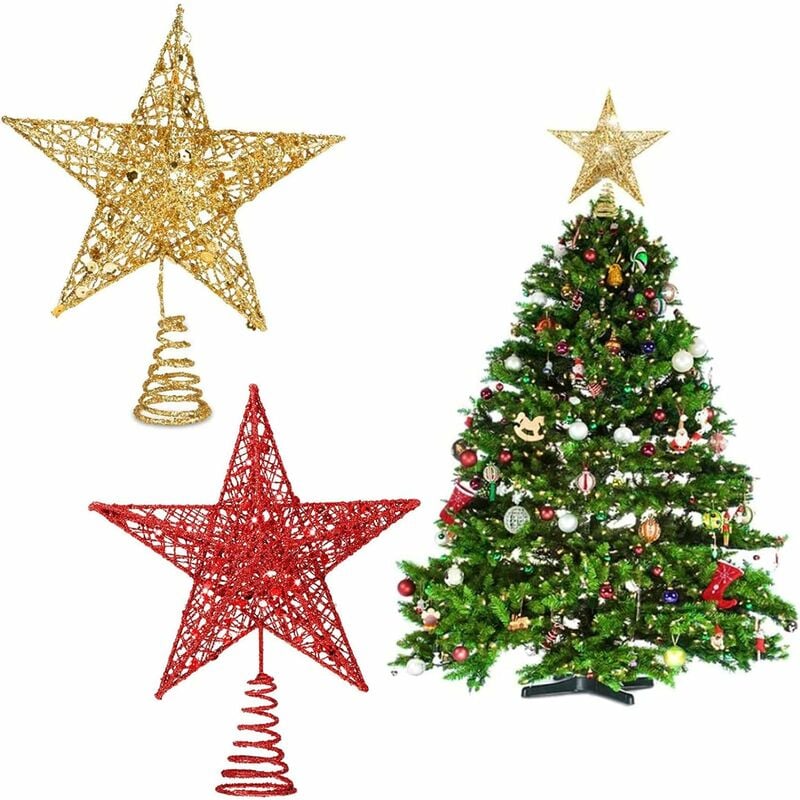Árbol Estrella Brillante de Metal Topper Estrella árbol de Navidad Luces Metal Estrella en Copa del Árbol Alambre Hueco Adorno de Árbol de Navidad Adorno de Árbol de Navidad Brillo Estrella(2 Piezas)