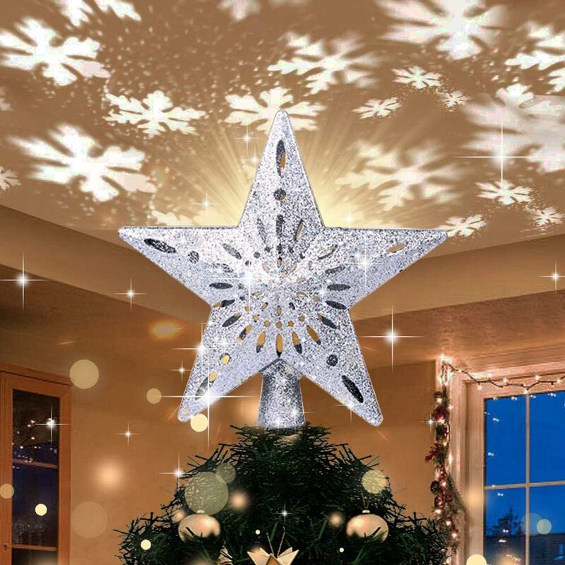 Estrella de Navidad para Árbol con Proyector LED, Efecto de Lluces de Copo de Nieve Blanco Giratorio Brillantes, Adorno de Árbol de Navidad Dorado Brillante para Decoraciones de Árboles de Navidad,Plata