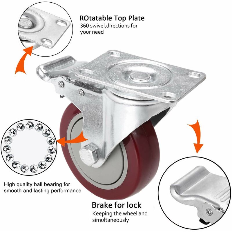 Rueda giratoria con freno de 2 virutas, juego de 2 ruedas para muebles con capacidad de carga de 200 kg, rojo