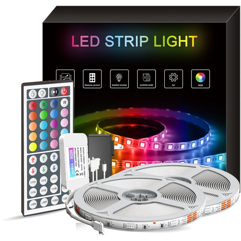 LITZEE 10m BCC 5050 RGB tira de luces LED multicolor con control remoto IR de 44 botones + fuente de alimentación de 12V, kit de tira LED flexible para decoración del hogar