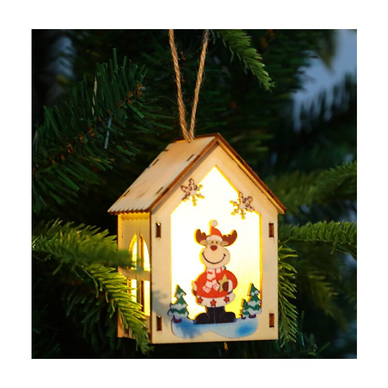 Casa de troncos luminosa con regalos de Navidad - alce colorido de la casa