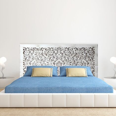 Cabecero de cama Blanco Envejecido, 100x70 cm, Modelo Mosaico 154, Cabecero de cama en madera Calada, para cama de 90. Fabricado artesanalmente en España . Decorado con mandala floral Pintada a Mano-