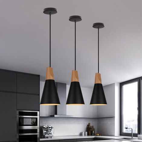 3 Paquetes Lámpara Colgante Moderna Negra Pantalla para Lámpara de Y Madera, Lustre Diseño Nórdico