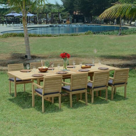 Teck'Attitude – Salon de jardin teck massif Utrilla 8 places – Table extensible 1.9 à 2.9 m – 8 fauteuils empilables – Teck certifié FSC (1/5)
