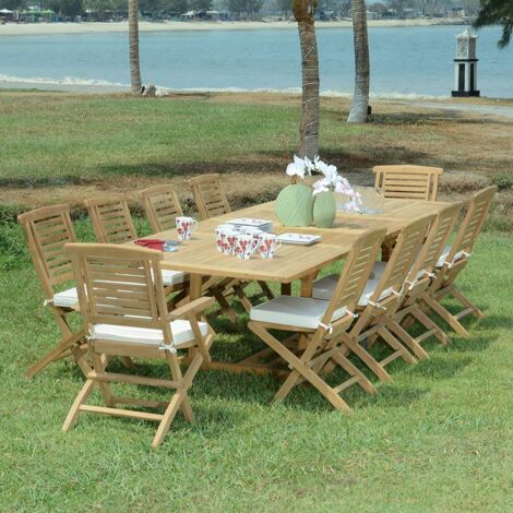 Teck'Attitude – Salon de jardin teck massif Elda 10 places – Table extensible 2 à 3m – 8 chaises et 2 fauteuils pliants – FSC pour durabilité (1/5)