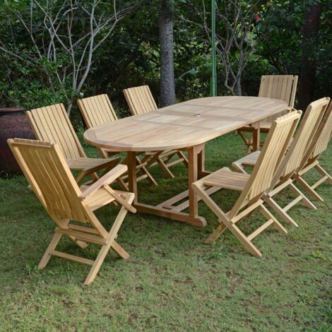 Teck'Attitude – Salon de jardin en teck massif Fuji – Table ovale extensible 160/240 x 90 cm – 8 places – 6 chaises et 2 fauteuils Karimun (1/5)